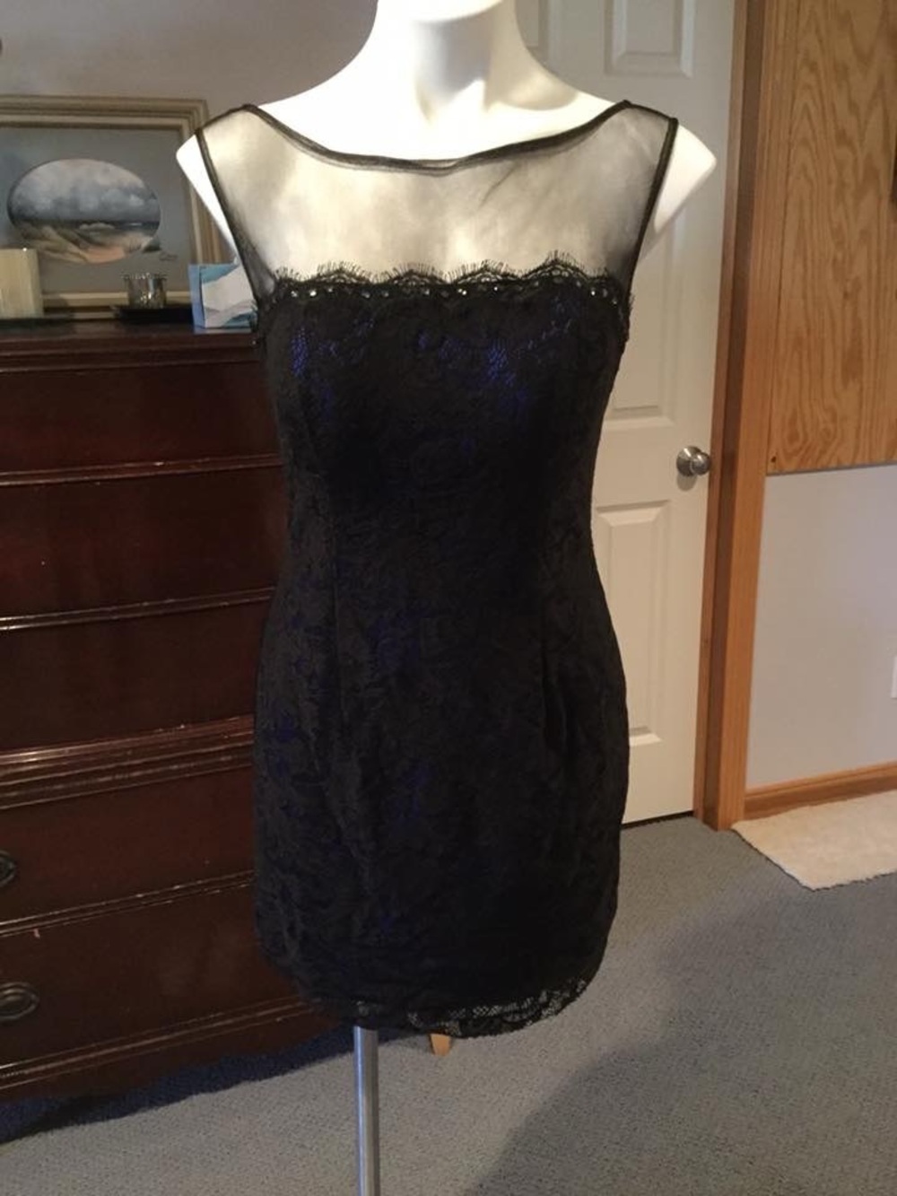 Sheer Yoke Black and Royal Lace Cocktail Dress